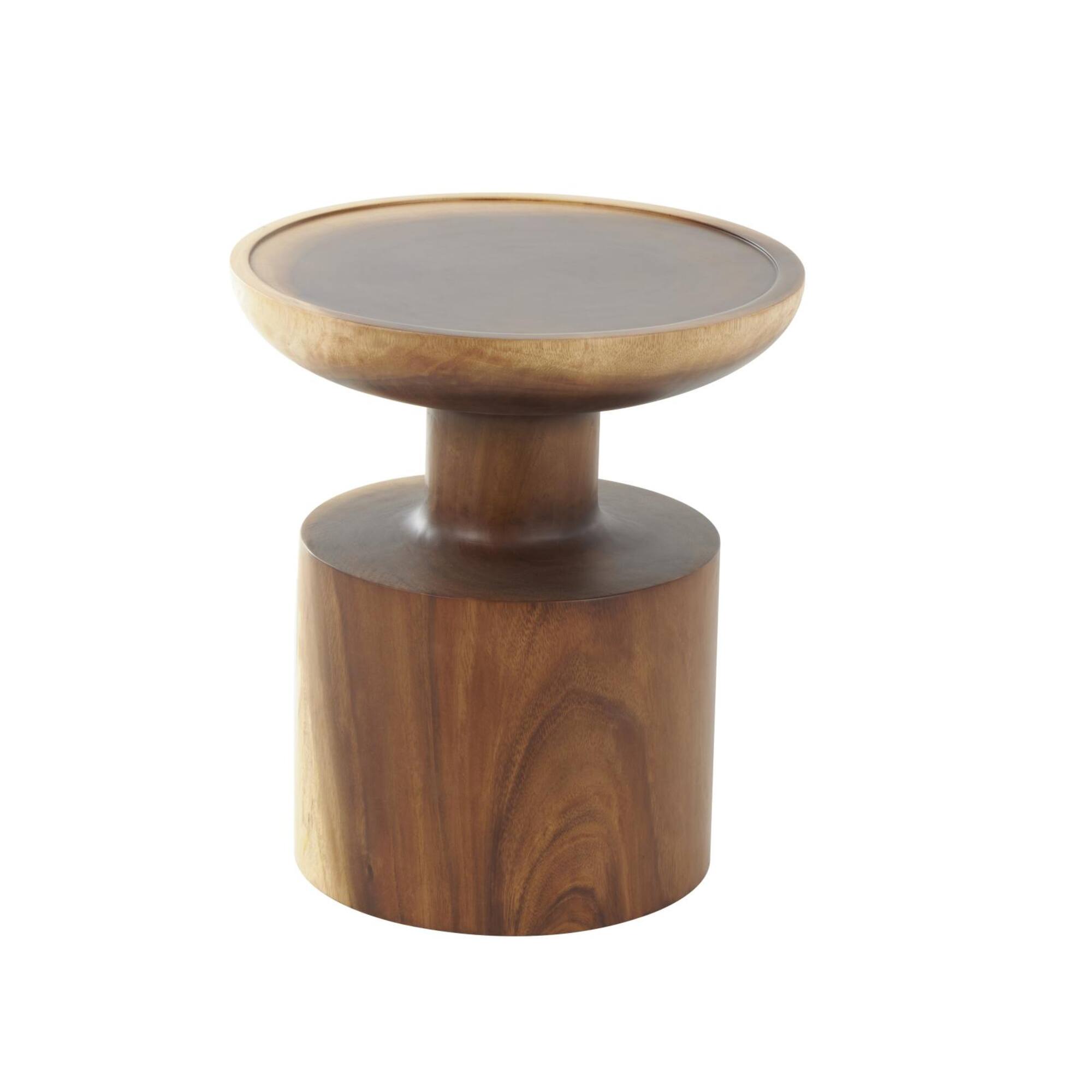 18" x 16" Natural Brown Round Handmade Albizia Wood Accent Table with Cylindrical Base